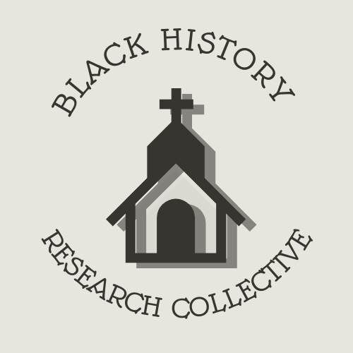 Putty colored square with the words "Black History Research Collective" forming a circle around the silhouette of a church